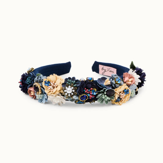 Haarreif mit Blumen, Marineblau
